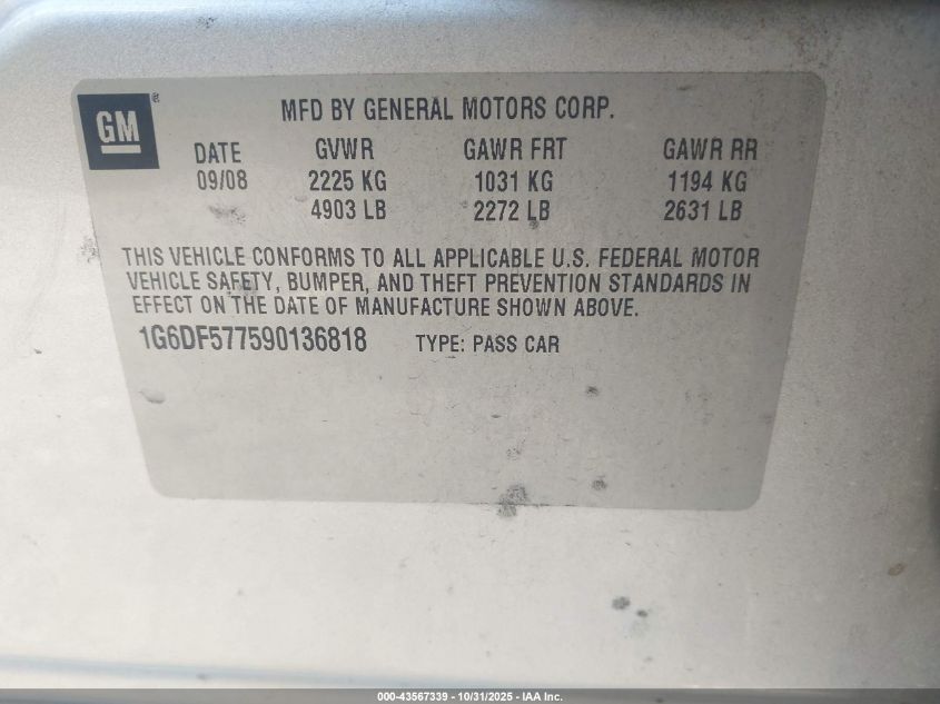 2009 Cadillac Cts Standard VIN: 1G6DF577590136818 Lot: 43567339