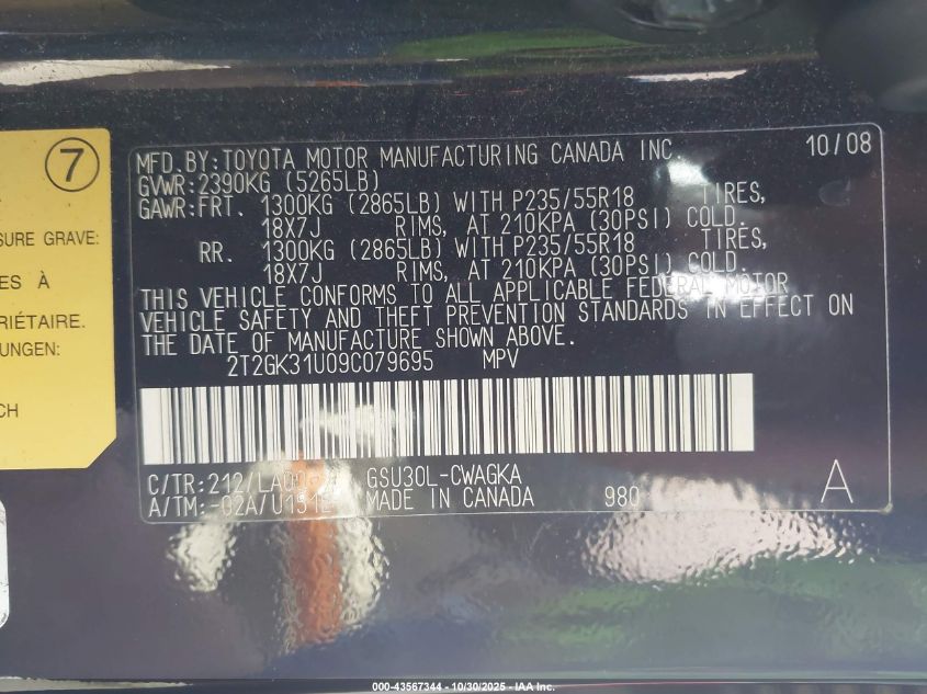 2009 Lexus Rx 350 VIN: 2T2GK31U09C079695 Lot: 43567344