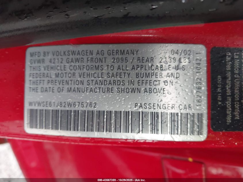 2002 Volkswagen Jetta Gls 1.8L VIN: WVWSE61J82W675762 Lot: 43567359