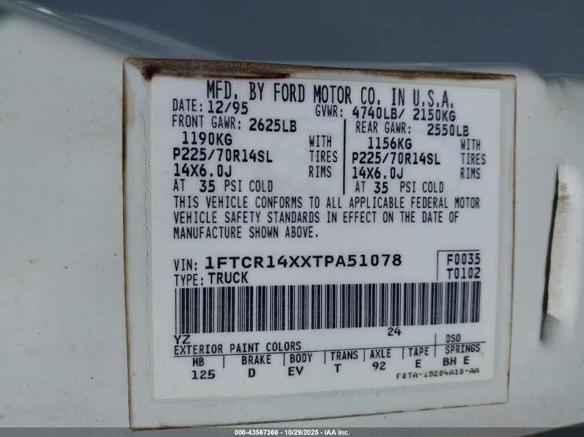 1996 Ford Ranger Super Cab VIN: 1FTCR14XXTPA51078 Lot: 43567366