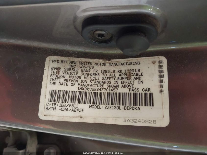 2004 Toyota Corolla Ce VIN: 1NXBR32E34Z201457 Lot: 43567374