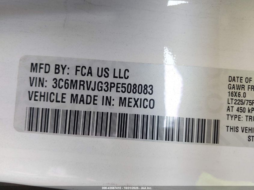 2023 Ram Promaster 3500 Cargo Van High Roof 159 Wb Ext VIN: 3C6MRVJG3PE508083 Lot: 43567410