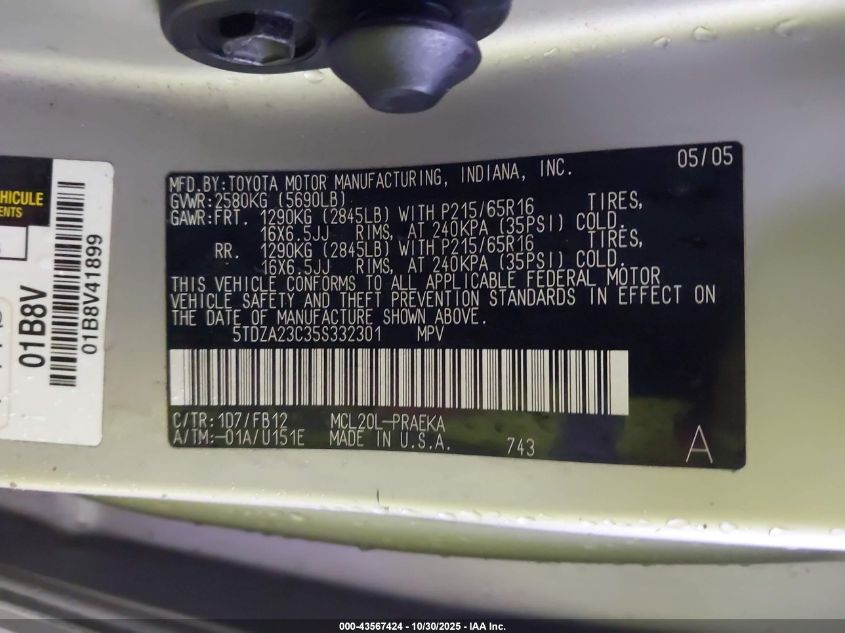 2005 Toyota Sienna Le VIN: 5TDZA23C35S332301 Lot: 43567424