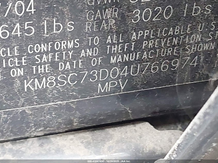 2004 Hyundai Santa Fe Gls VIN: KM8SC73D04U766974 Lot: 43567430