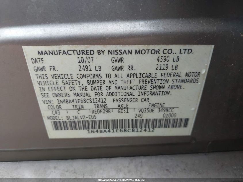 2008 Nissan Maxima 3.5 Se VIN: 1N4BA41E68C812412 Lot: 43567434