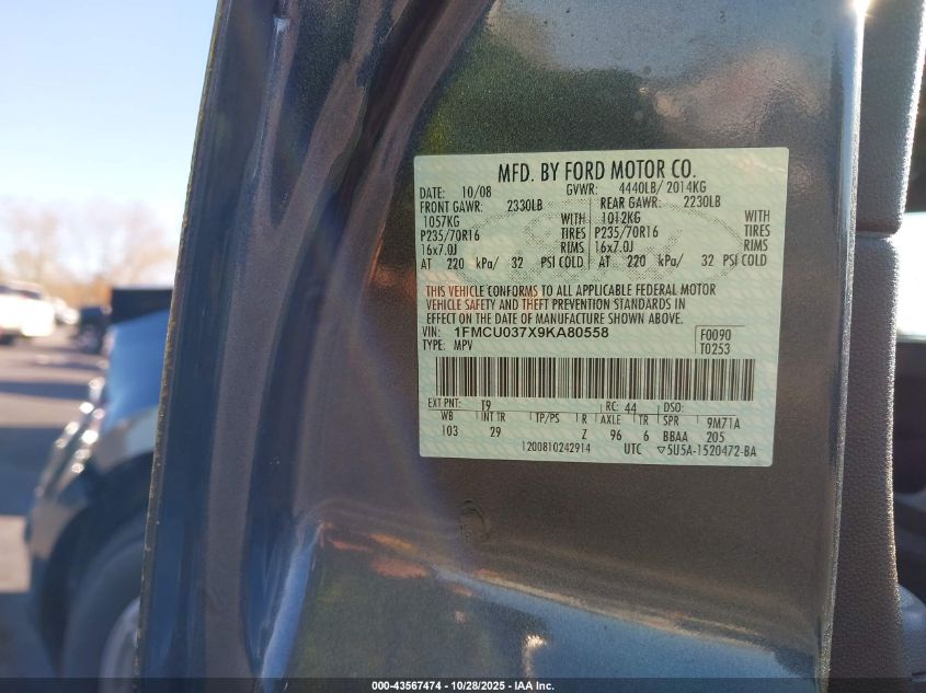 2009 Ford Escape Xlt VIN: 1FMCU037X9KA80558 Lot: 43567474