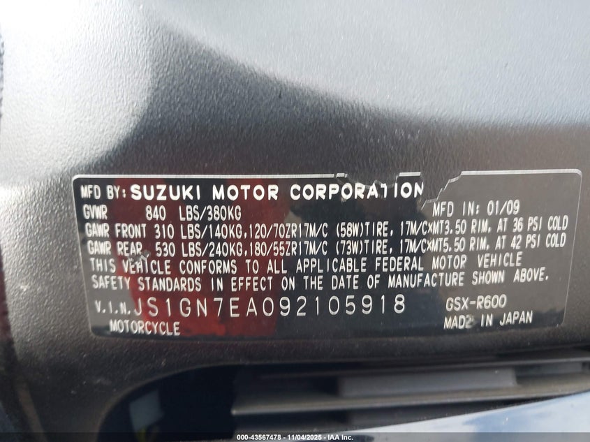 2009 Suzuki Gsx-R600 VIN: JS1GN7EA092105918 Lot: 43567478