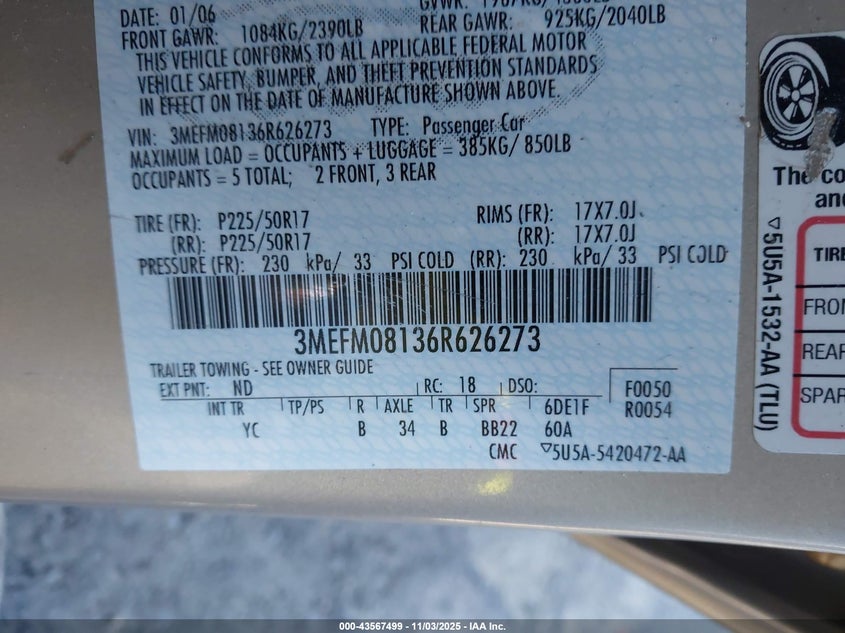 2006 Mercury Milan V6 Premier VIN: 3MEFM08136R626273 Lot: 43567499