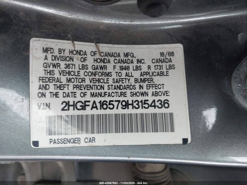 2009 Honda Civic Lx VIN: 2HGFA16579H315436 Lot: 43567503