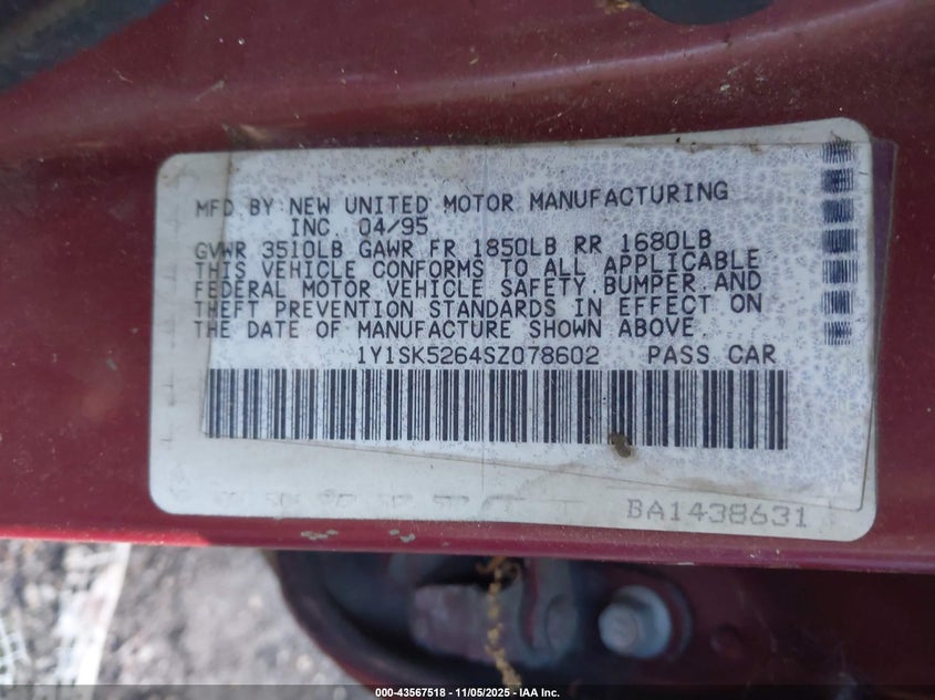 1995 Geo Prizm Lsi VIN: 1Y1SK5264SZ078602 Lot: 43567518