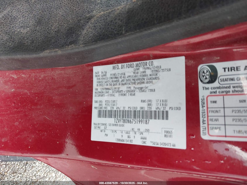 2007 Ford Mustang V6 Deluxe/V6 Premium VIN: 1ZVFT80N675199187 Lot: 43567529