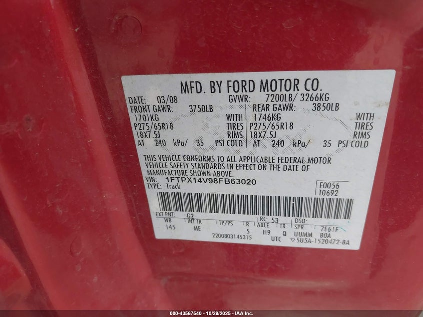 2008 Ford F-150 Fx4/Lariat/Xl/Xlt VIN: 1FTPX14V98FB63020 Lot: 43567540