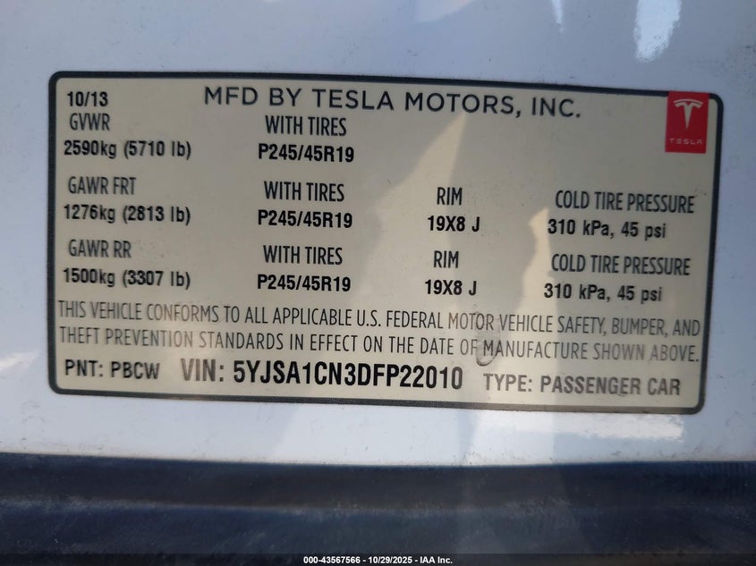 2013 Tesla Model S VIN: 5YJSA1CN3DFP22010 Lot: 43567566