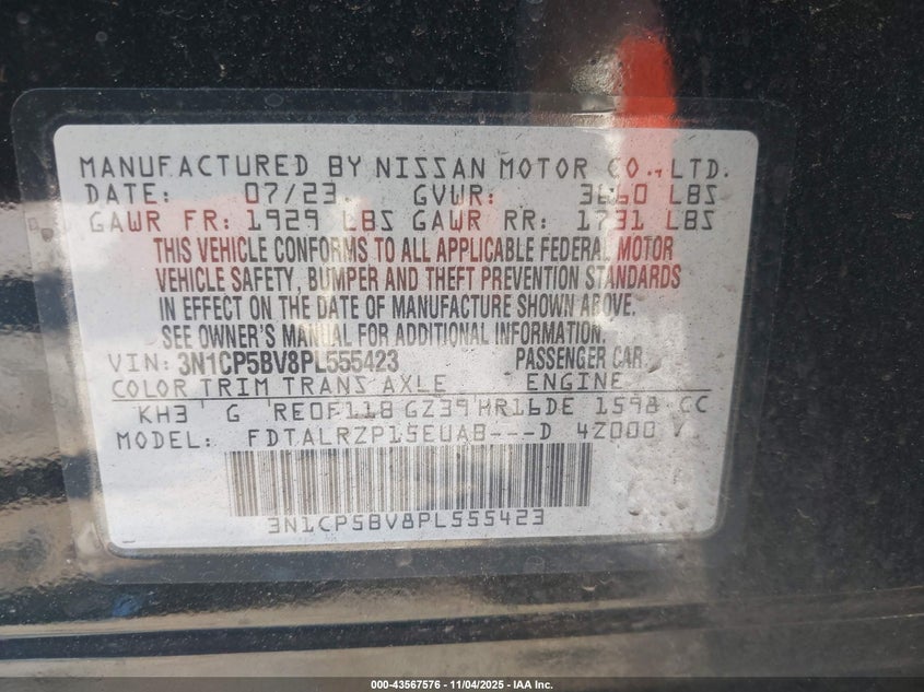 2023 NISSAN KICKS S XTRONIC CVT 3N1CP5BV8PL555423