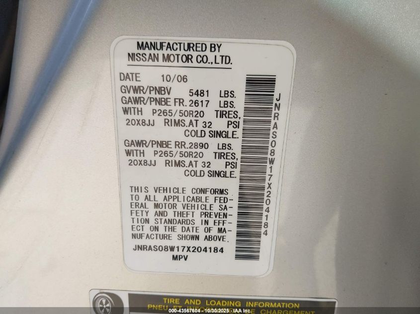 2007 Infiniti Fx35 VIN: JNRAS08W17X204184 Lot: 43567604