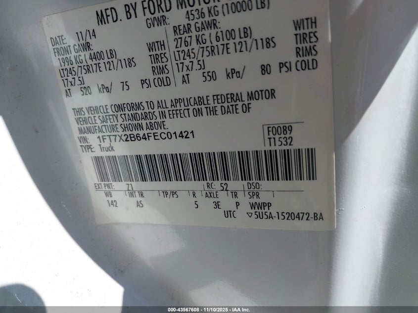 2015 Ford F-250 Xl VIN: 1FT7X2B64FEC01421 Lot: 43567608