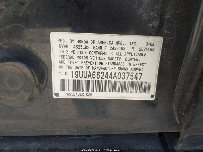 2004 Acura Tl VIN: 19UUA66244A037547 Lot: 43567614