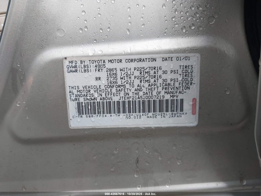 JTEHF21A510007219 2001 TOYOTA HIGHLANDER photo no. 9