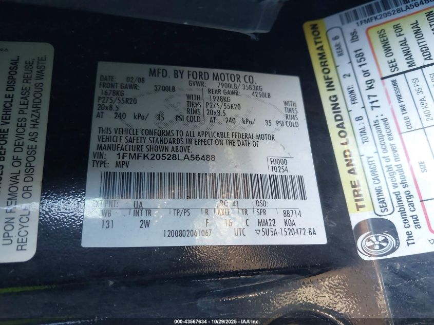 2008 Ford Expedition El Limited VIN: 1FMFK20528LA56488 Lot: 43567634