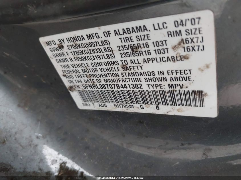 2007 Honda Odyssey Ex-L VIN: 5FNRL38707B441382 Lot: 43567644