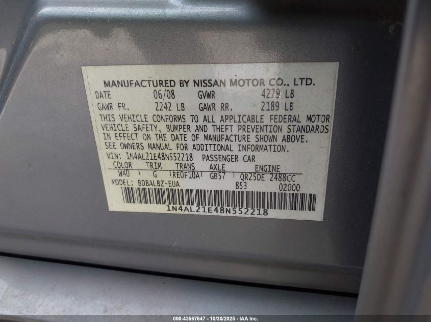 2008 Nissan Altima 2.5 S VIN: 1N4AL21E48N552218 Lot: 43567647