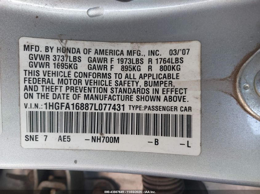 2007 Honda Civic Ex VIN: 1HGFA16887L077431 Lot: 43567649