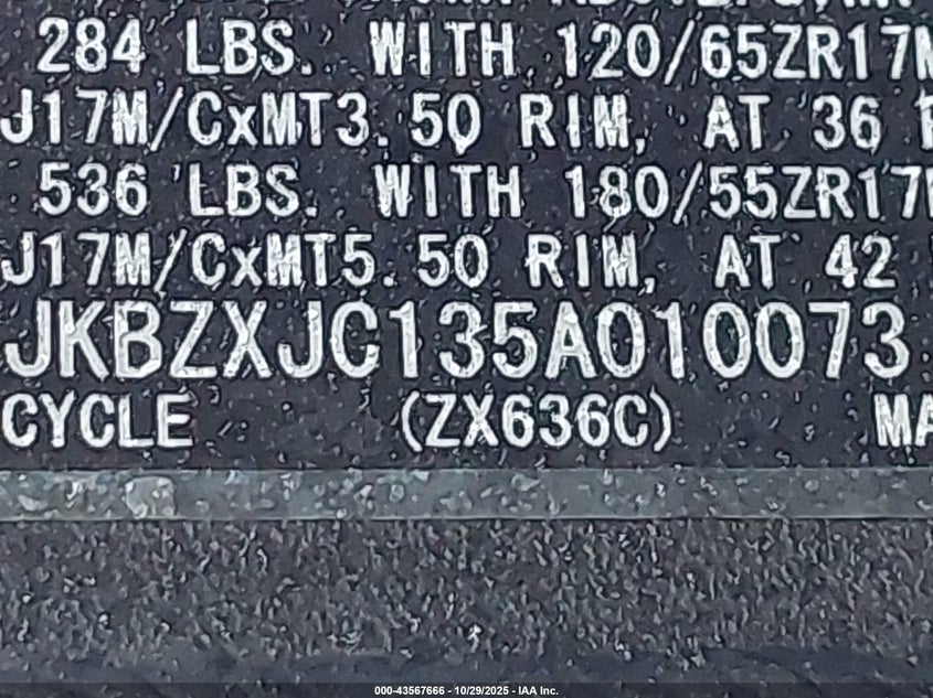 2005 Kawasaki Zx636 C1 VIN: JKBZXJC135A010073 Lot: 43567666