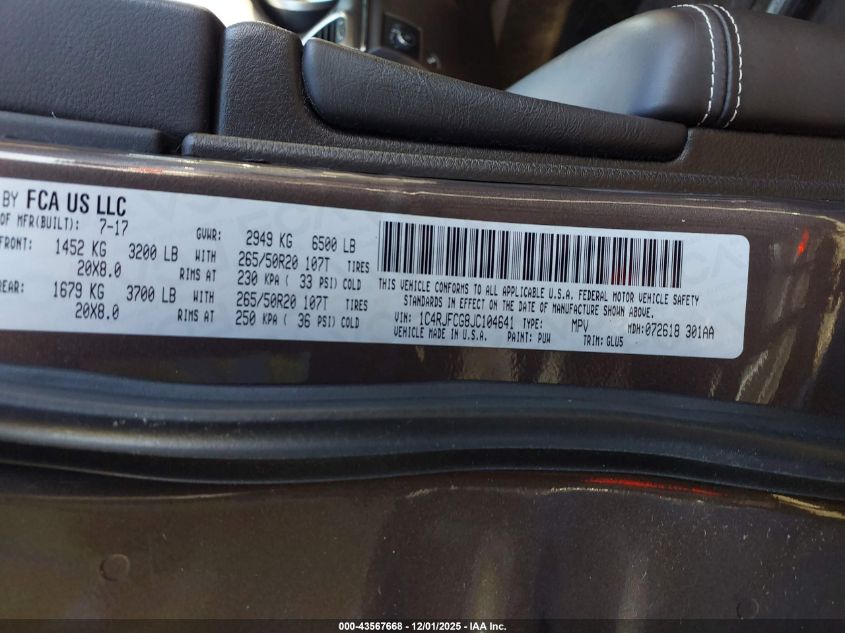 2018 Jeep Grand Cherokee Overland 4X4 VIN: 1C4RJFCG8JC104641 Lot: 43567668