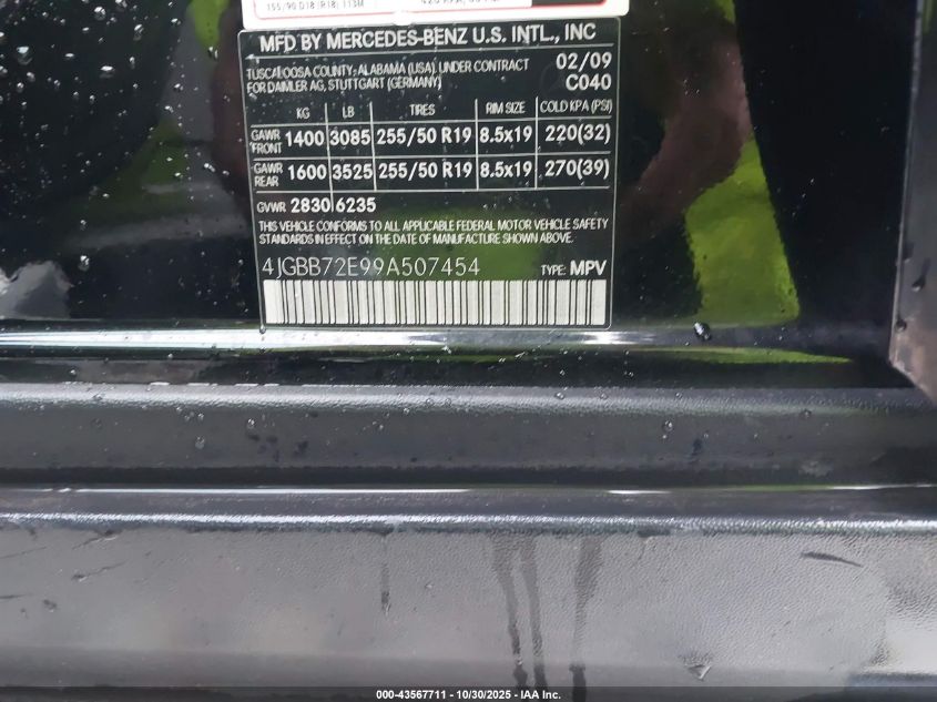 2009 Mercedes-Benz Ml 550 4Matic VIN: 4JGBB72E99A507454 Lot: 43567711