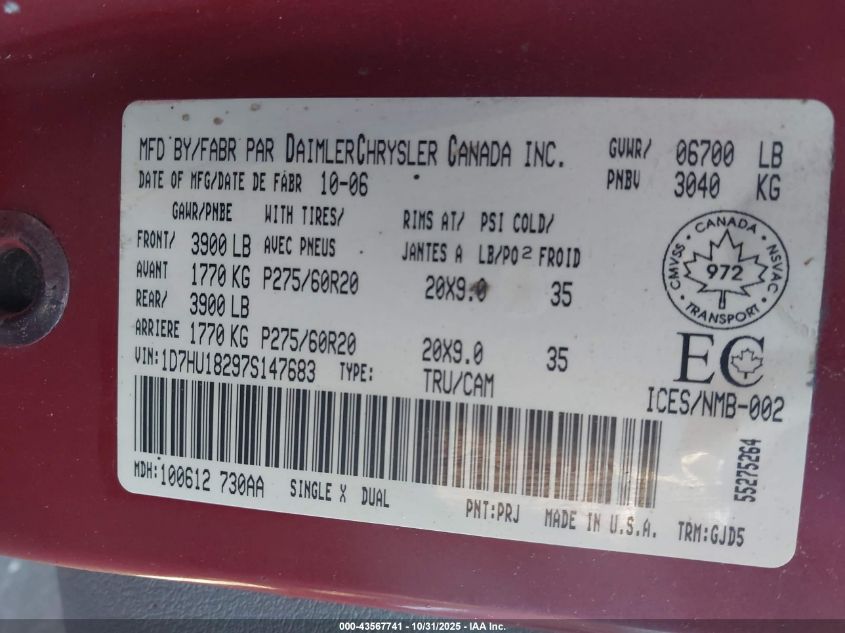 2007 Dodge Ram 1500 Laramie VIN: 1D7HU18297S147683 Lot: 43567741