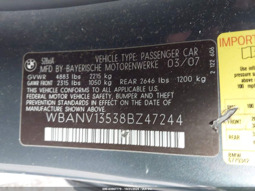 2008 BMW 528Xi VIN: WBANV13538BZ47244 Lot: 43567779