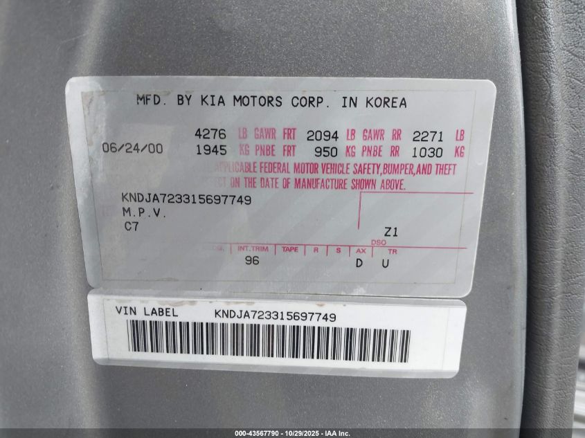2001 Kia Sportage Ex/Limited VIN: KNDJA723315697749 Lot: 43567790
