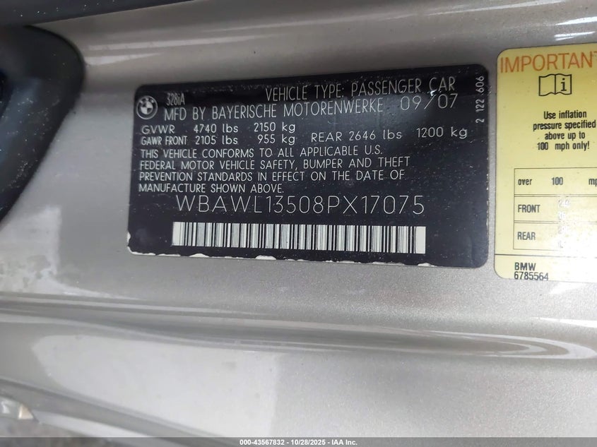 2008 BMW 328I VIN: WBAWL13508PX17075 Lot: 43567832