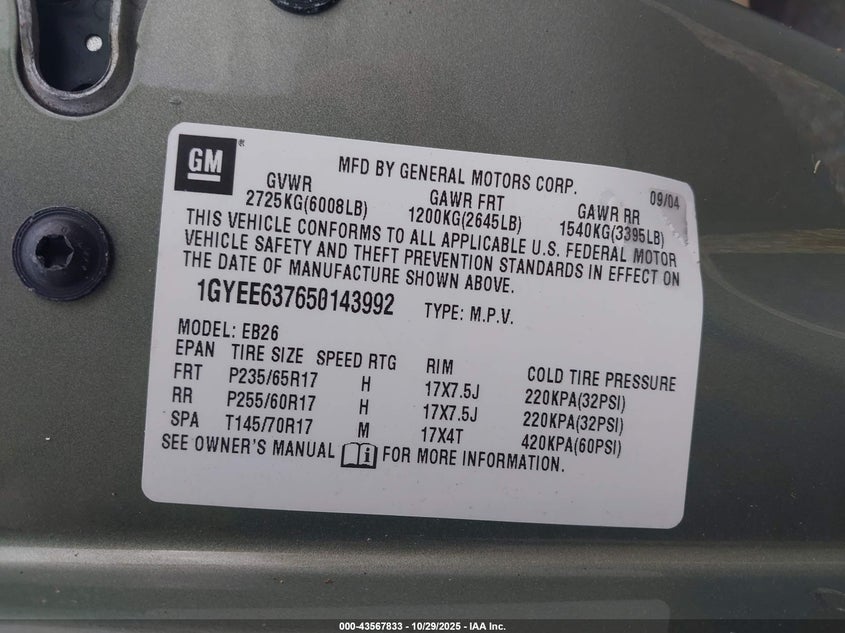 2005 Cadillac Srx V6 VIN: 1GYEE637650143992 Lot: 43567833