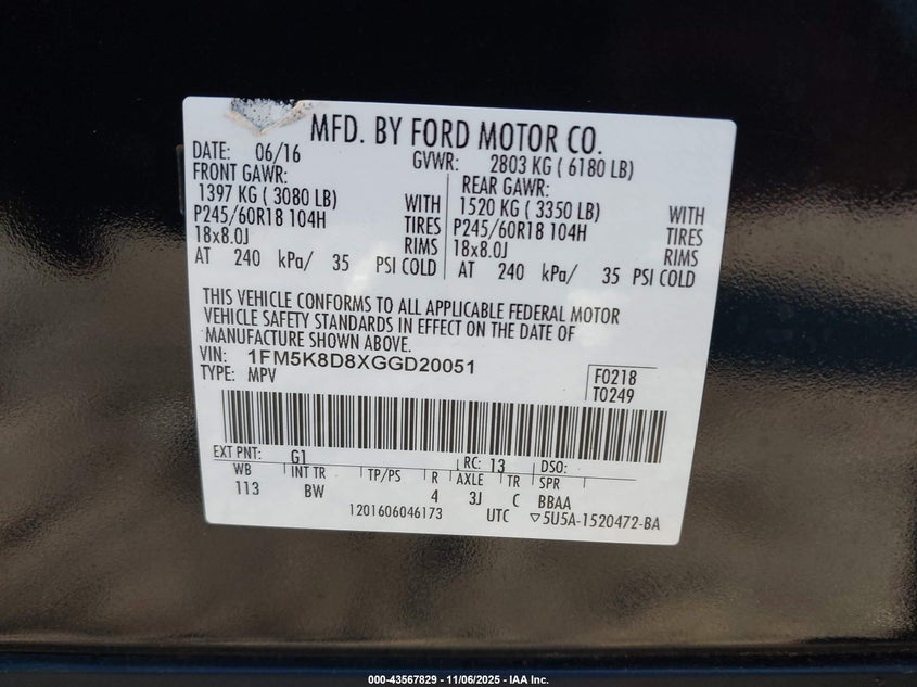 1FM5K8D8XGGD20051 2016 FORD EXPLORER photo no. 9