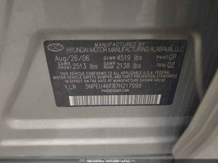 2007 Hyundai Sonata Limited/Se V6 VIN: 5NPEU46F87H217998 Lot: 43567834