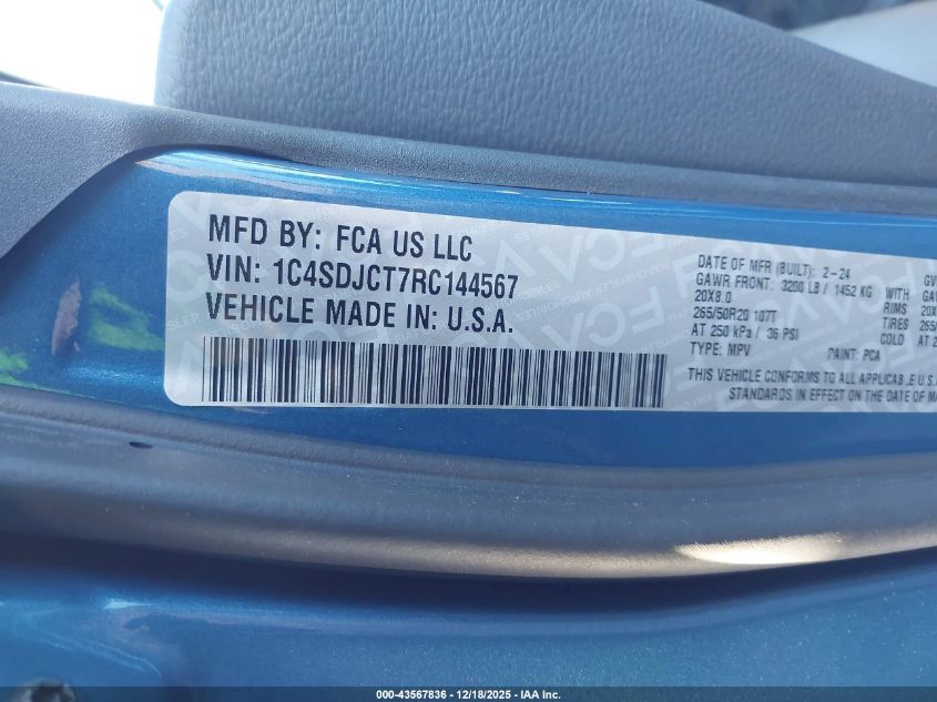 2024 Dodge Durango R/T Plus Awd VIN: 1C4SDJCT7RC144567 Lot: 43567836