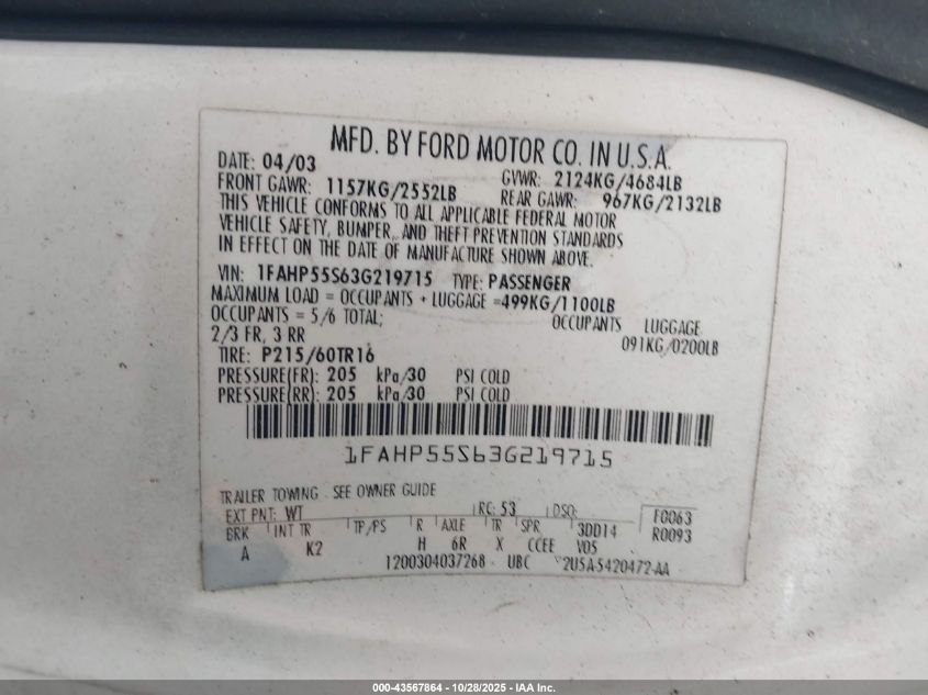 2003 Ford Taurus Ses VIN: 1FAHP55S63G219715 Lot: 43567864