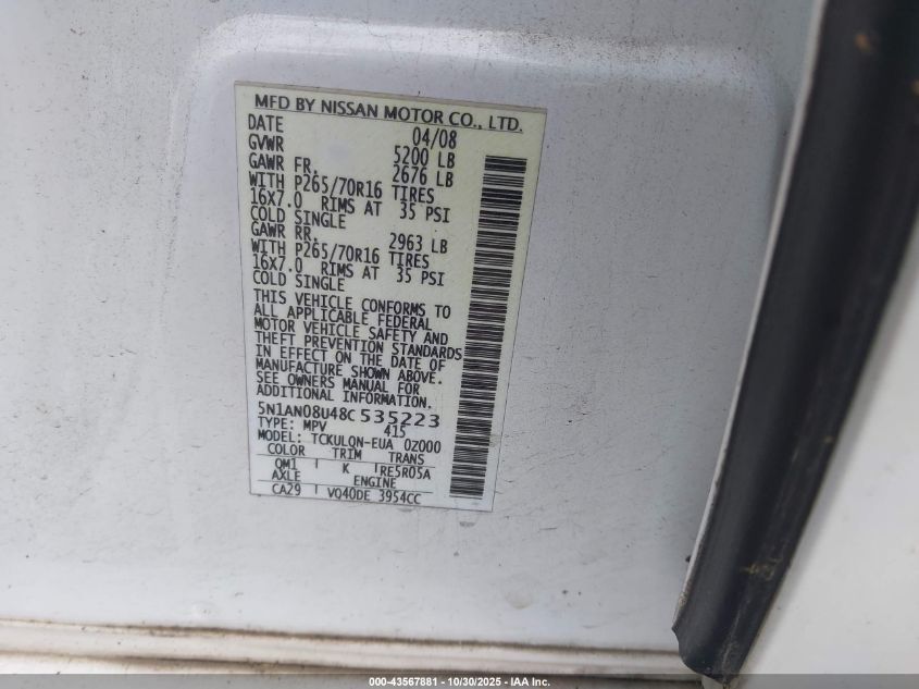 2008 Nissan Xterra X VIN: 5N1AN08U48C535223 Lot: 43567881