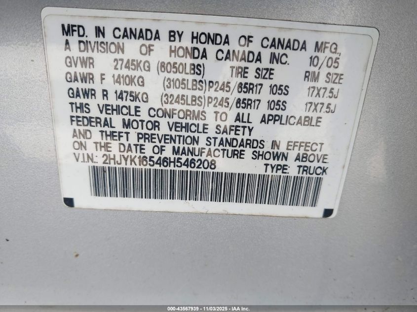 2006 Honda Ridgeline Rtl VIN: 2HJYK16546H546208 Lot: 43567939