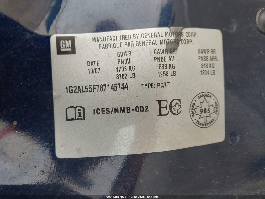 2008 Pontiac G5 Se VIN: 1G2AL55F787145744 Lot: 43567972