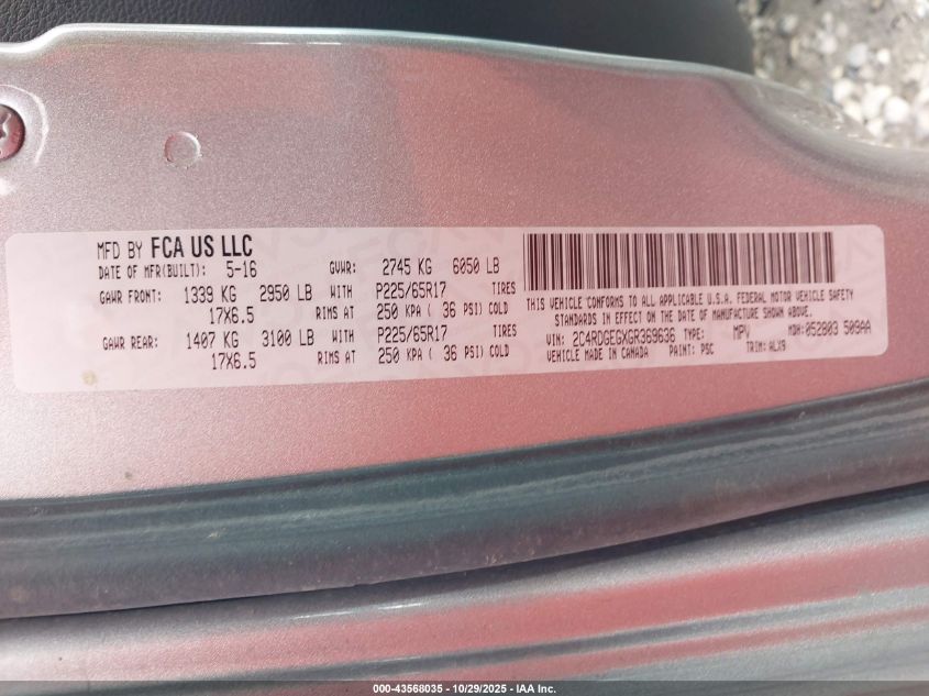 2016 Dodge Grand Caravan R/T VIN: 2C4RDGEGXGR369636 Lot: 43568035