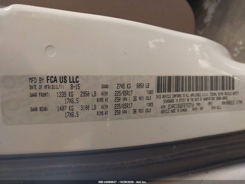 2015 Chrysler Town & Country Touring VIN: 2C4RC1BG6FR753710 Lot: 43568037