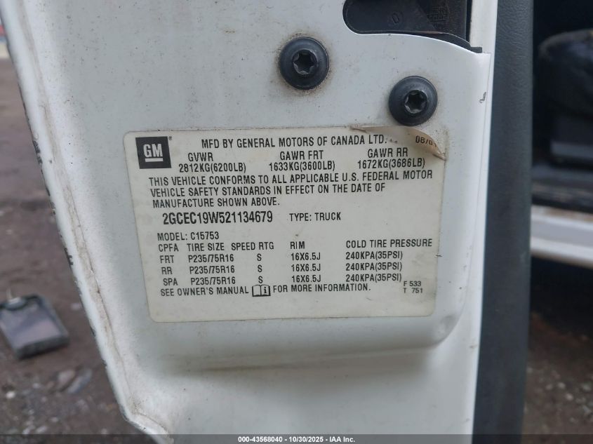 2002 Chevrolet Silverado 1500 VIN: 2GCEC19W521134679 Lot: 43568040