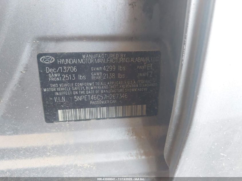 2007 Hyundai Sonata Gls VIN: 5NPET46C57H267346 Lot: 43568041