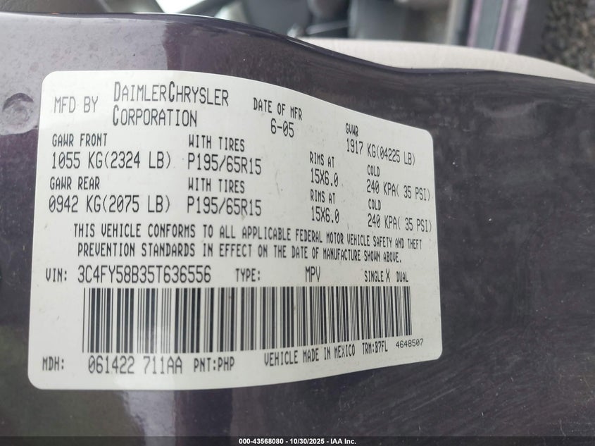 2005 Chrysler Pt Cruiser Touring VIN: 3C4FY58B35T636556 Lot: 43568080