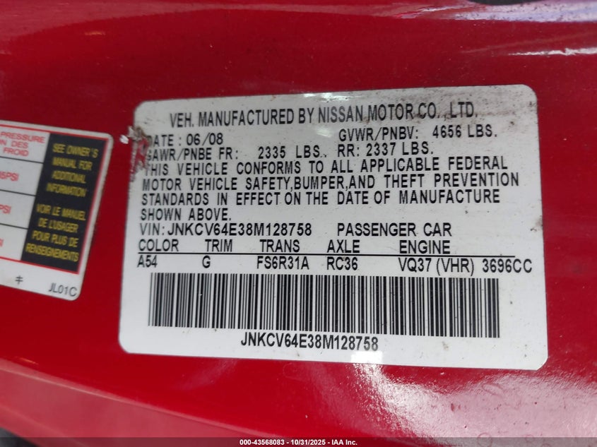 2008 Infiniti G37 Sport VIN: JNKCV64E38M128758 Lot: 43568083