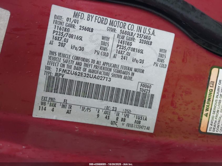 2002 Ford Explorer Xls VIN: 1FMZU62E32UA02713 Lot: 43568089