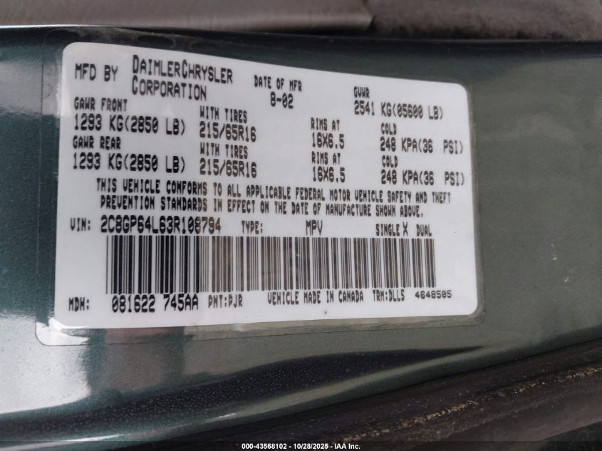 2003 Chrysler Town & Country Limited VIN: 2C8GP64L63R108794 Lot: 43568102