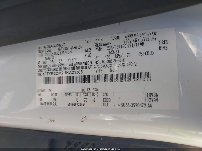 2017 FORD TRANSIT-250 1FTYR2CM2HKA21385